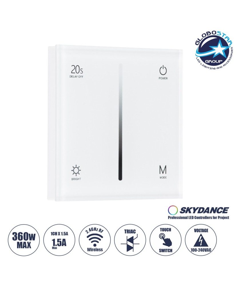 GloboStar® 71452 S1-T SKYDANCE AC Smart RF 2.4Ghz & Αφής - Touch Triac Dimming AC100-240V σε AC100-240V 1 x 1.5A 360W - Max 1.5A 360W - IP20 - Λευκό Σώμα - Μ8.5 x Π8.5 x Υ3.2cm - 5 Years Warranty